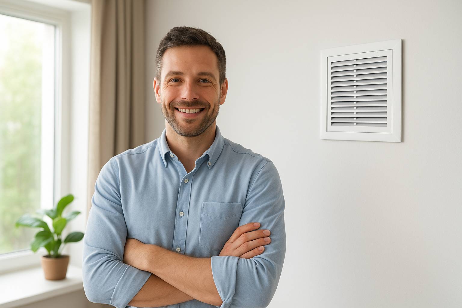 man står framför en ventilation på en vägg inomhus